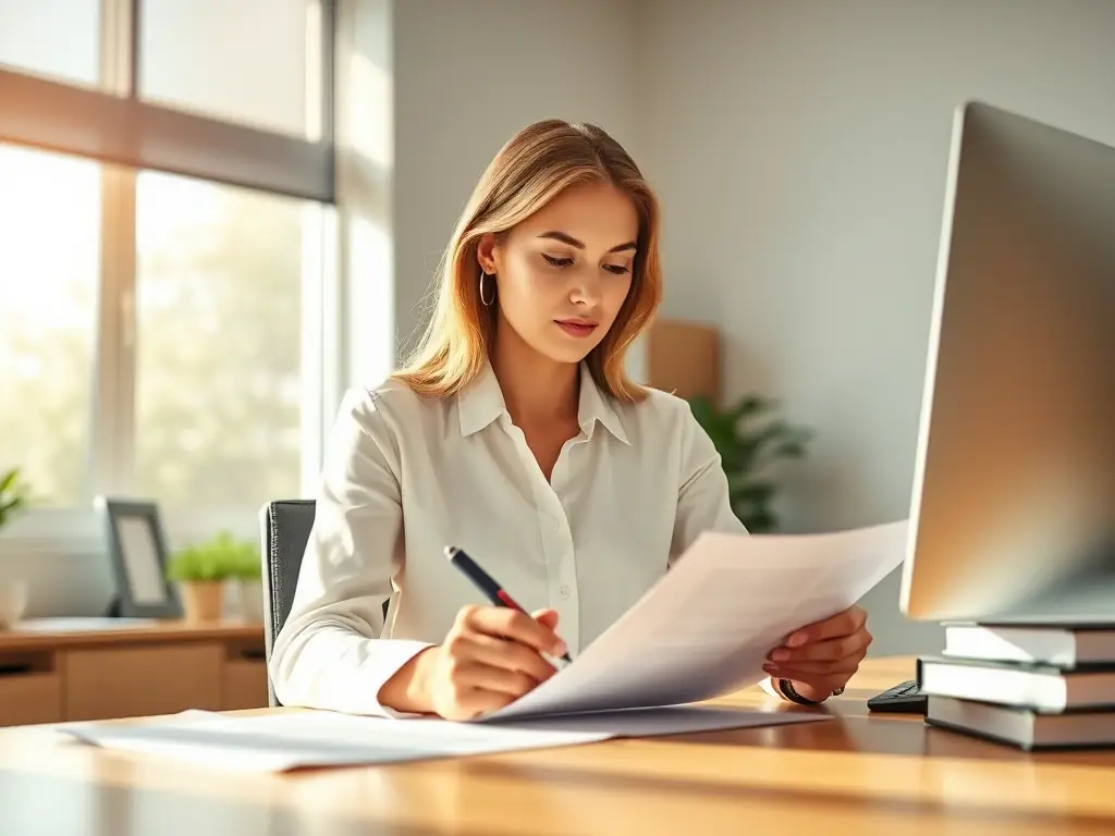 A professional lawyer in a well-lit office, reviewing documents with a focused expression, symbolizing expertise in contract law.