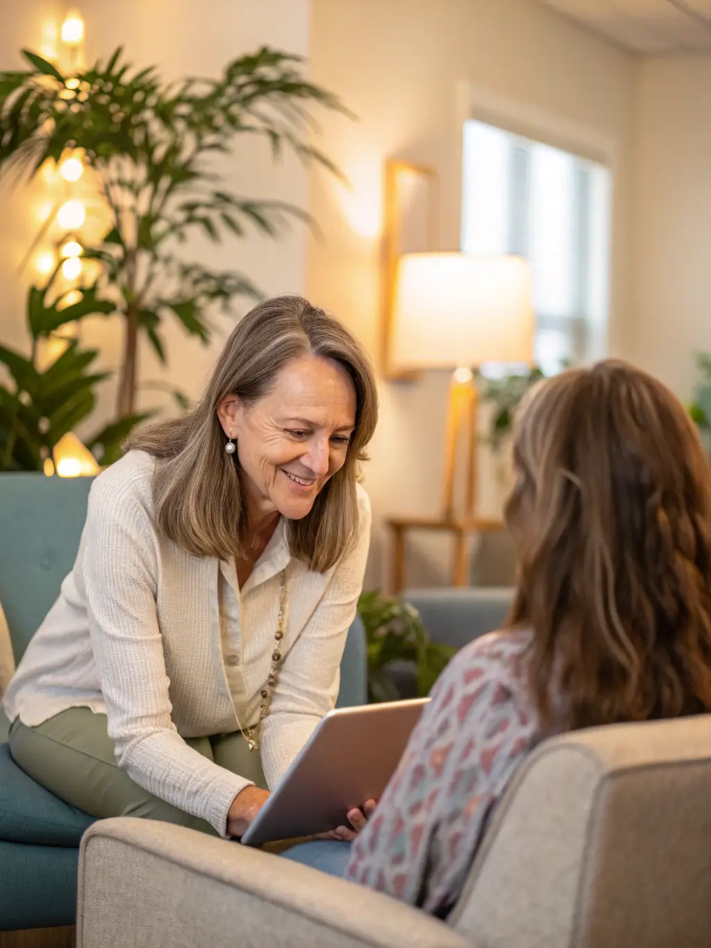 A compassionate attorney listening attentively to a client in a comfortable office setting, symbolizing family law and client care.