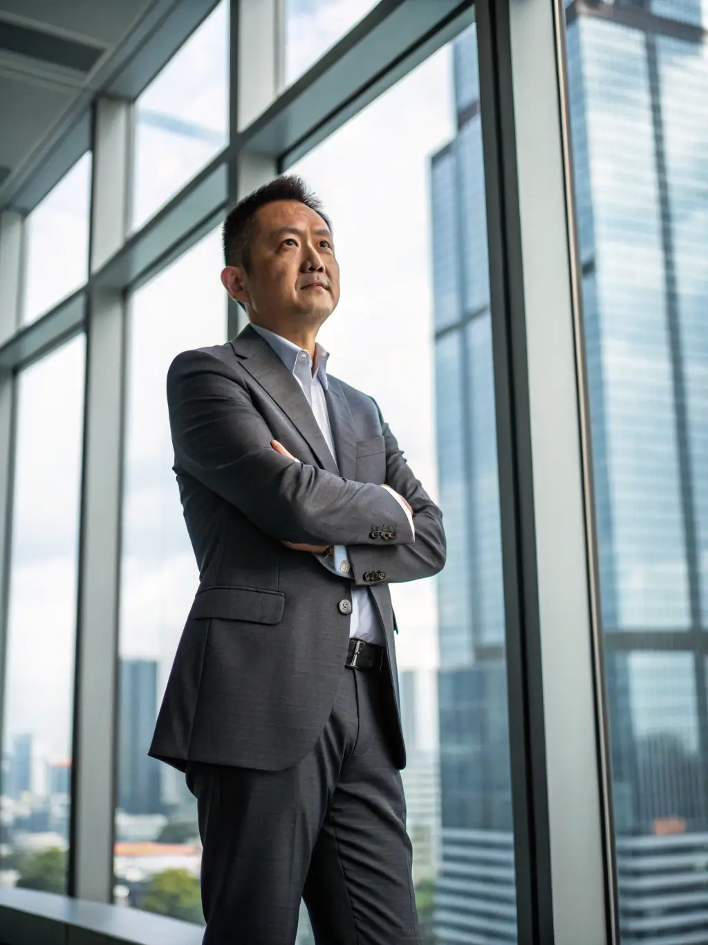 A professional lawyer in a suit, standing in a modern office, confidently addressing the camera, representing expertise in corporate law.