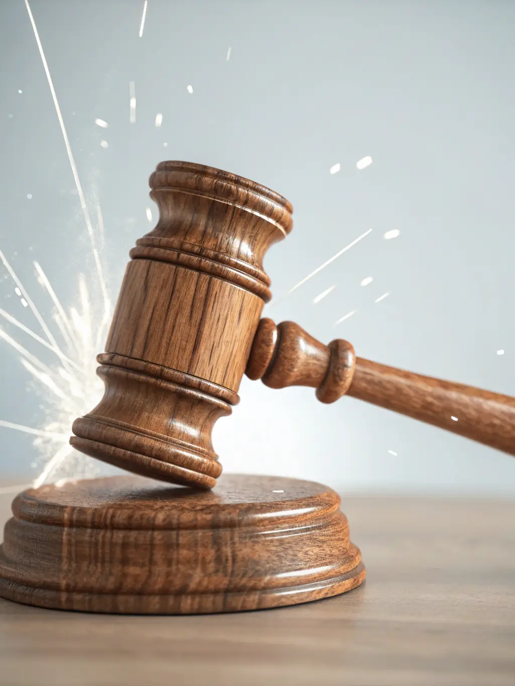 A gavel striking a sound block in a courtroom, with the American flag in the background, representing civil litigation and justice.