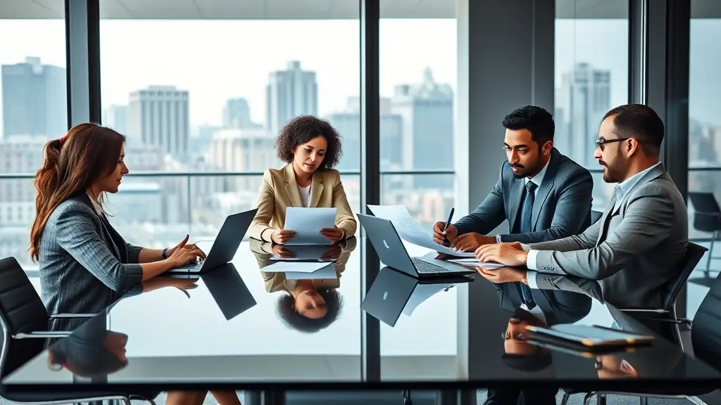 A diverse team of lawyers collaborating around a table, reviewing documents and discussing strategy, symbolizing the firm's collaborative approach to client service.
