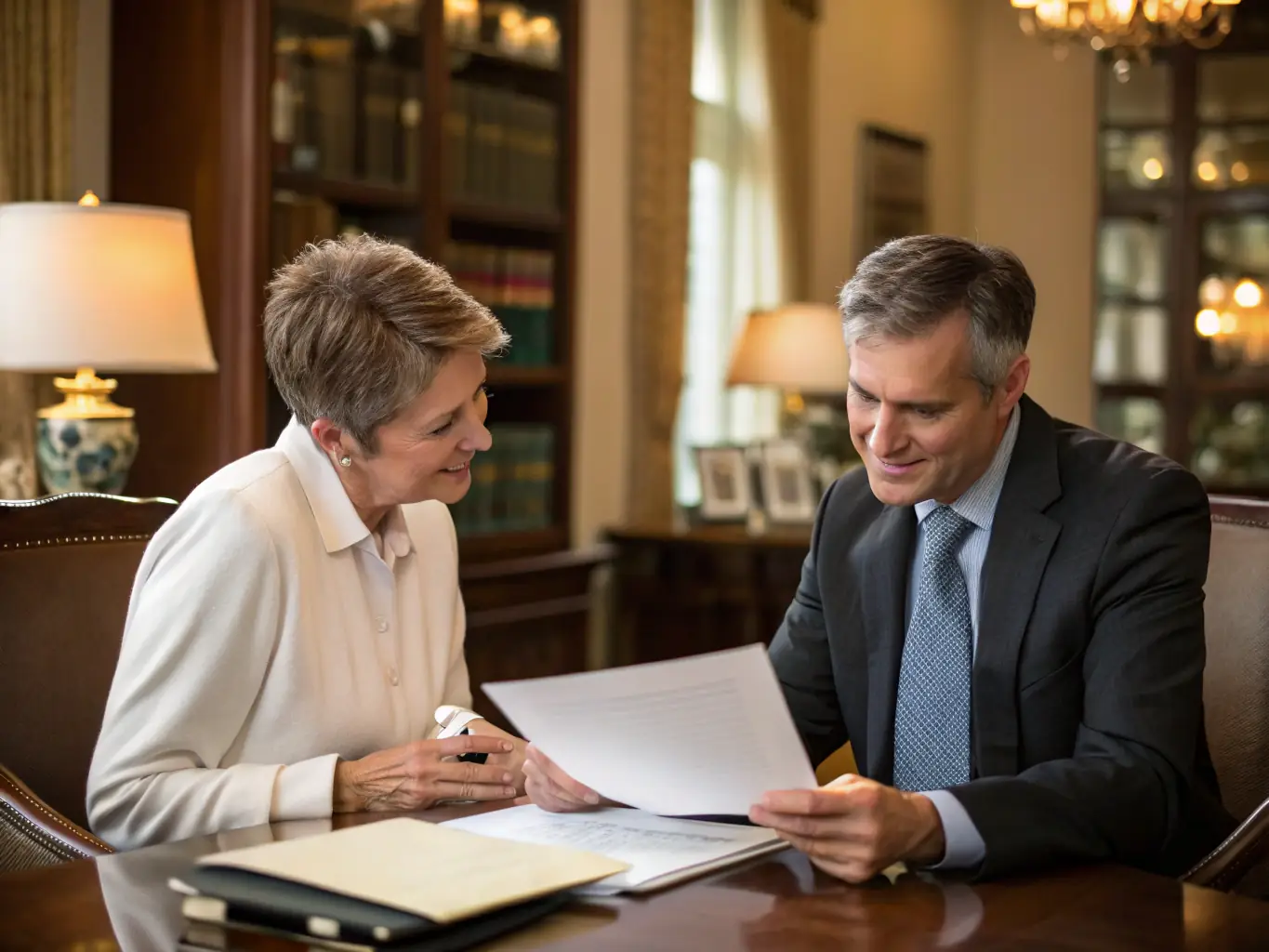 A compassionate lawyer sitting across from a client in a comfortable setting, discussing estate planning options, conveying empathy and understanding.