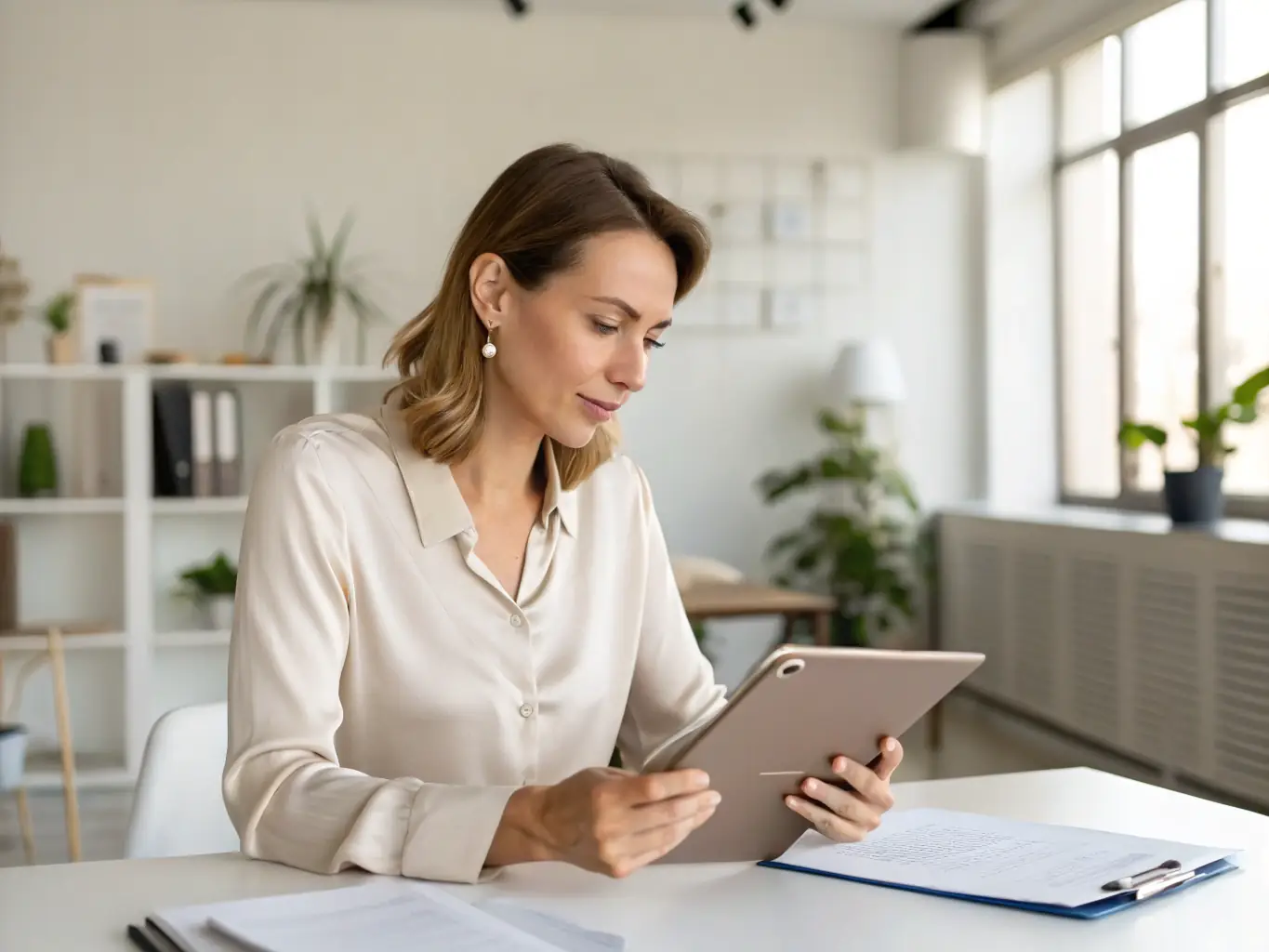 A professional lawyer in a well-lit office, reviewing documents with a focused expression, symbolizing expertise in contract law.