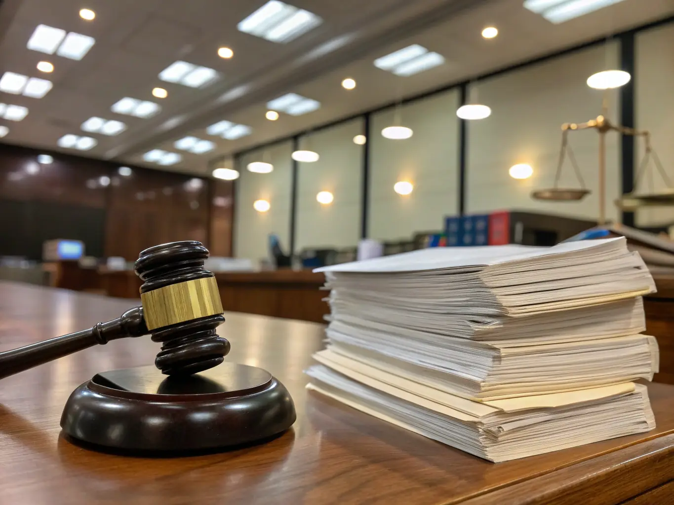 A courtroom scene with a gavel and legal books, representing the firm's proficiency in litigation and dispute resolution.