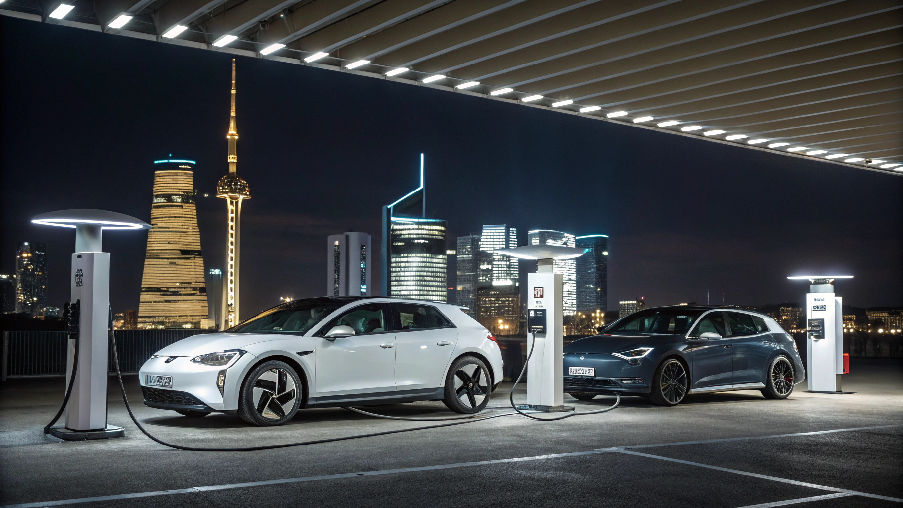 Tesla charging at a Supercharger terminal at night